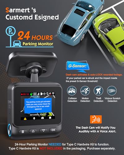 Sarmert C1 5K Dash Cam - GPS integrado y WiFi 5G, 5K/4K/2.5K