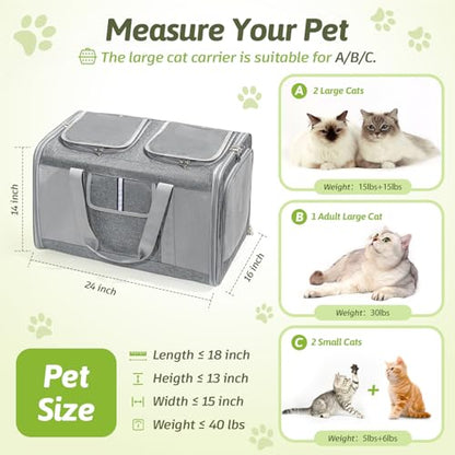 Transportador de gatos extragrande para 2 gatos, 24 x 14 x 1