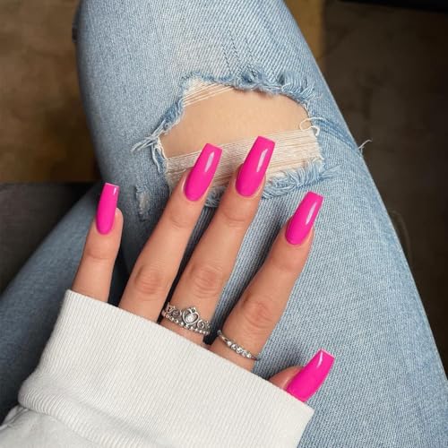 Xcrear - Uñas postizas a presión de color rosa intenso, cuad