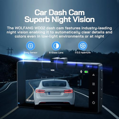 WOLFANG Dash Cam delantera y trasera 2.5K, cámara de salpica