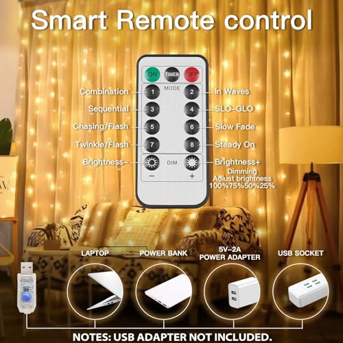 suddus Luces de cortina para dormitorio, 200 luces LED colga