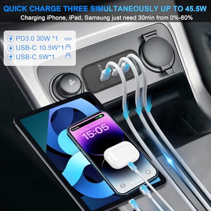 3 puertos 12V RV USB Outlet 45.5W, Gibbab PD3.0 Tipo-C Carga