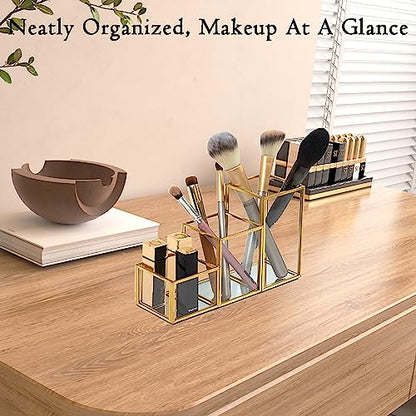 Soporte para brochas de maquillaje de vidrio con 3 compartim