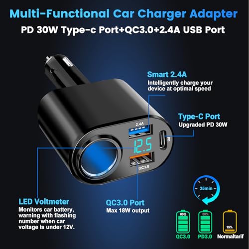 Cargador de coche USB C, PD 30 W tipo C cargador rápido USB