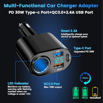 Cargador de coche USB C, PD 30 W tipo C cargador rápido USB