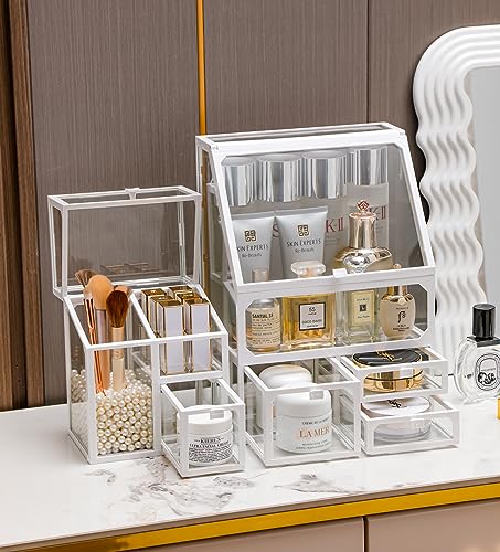MOOCHI Organizador de maquillaje blanco de 3 piezas, vidrio,