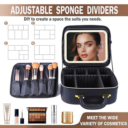 Estuche de viaje de maquillaje con espejo, luz LED, 3 nivele