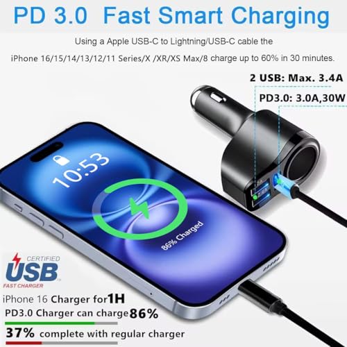 Cargador de coche USB C 4 en 1, adaptador de encendedor de c