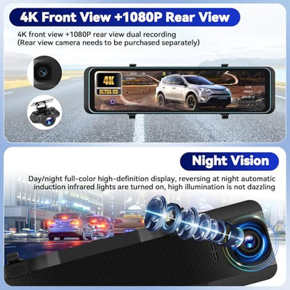 CAMECHO Cámara de espejo retrovisor 4K de 11.26 pulgadas, as