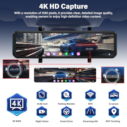 Cámara de tablero con espejo WiFi 4K, cámara de tablero de e