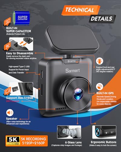 Sarmert C1 5K Dash Cam - GPS integrado y WiFi 5G, 5K/4K/2.5K