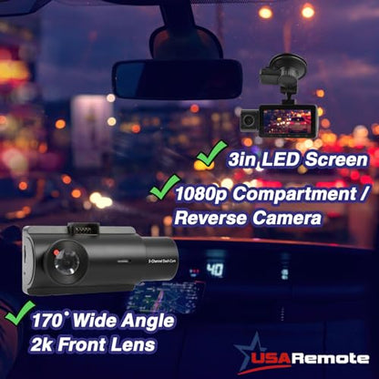 USARemote Cámara de tablero WDR de 3 canales 1440P+1080P fro
