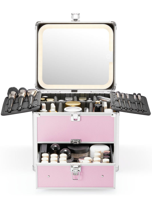 Qislee Caja de maquillaje con cajón y un espejo iluminado de