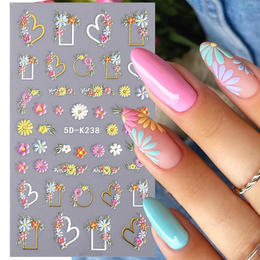 Calcomanías para uñas 5D con margaritas en relieve 5D, sumin
