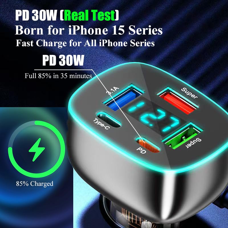 Cargador de teléfono de coche USB C de 5 puertos con pantall