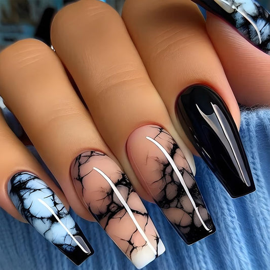 24 uñas postizas a presión azules y negras, uñas postizas la