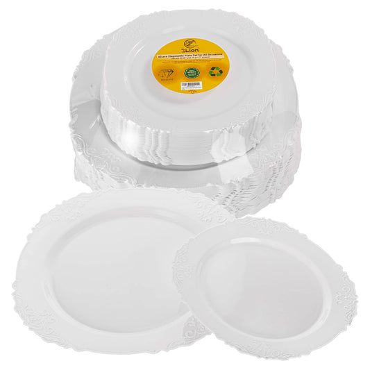 Zlion Juego de platos desechables blancos de 60 piezas, eleg