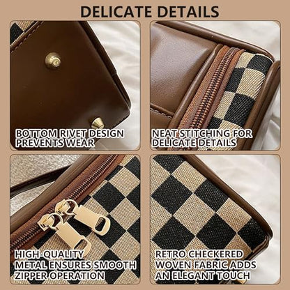 Vintage Makeup Bag for Women Portable Retro Checkered Patter