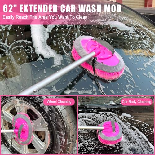 Cepillo de lavado de coche rosa de 62 pulgadas con mango lar