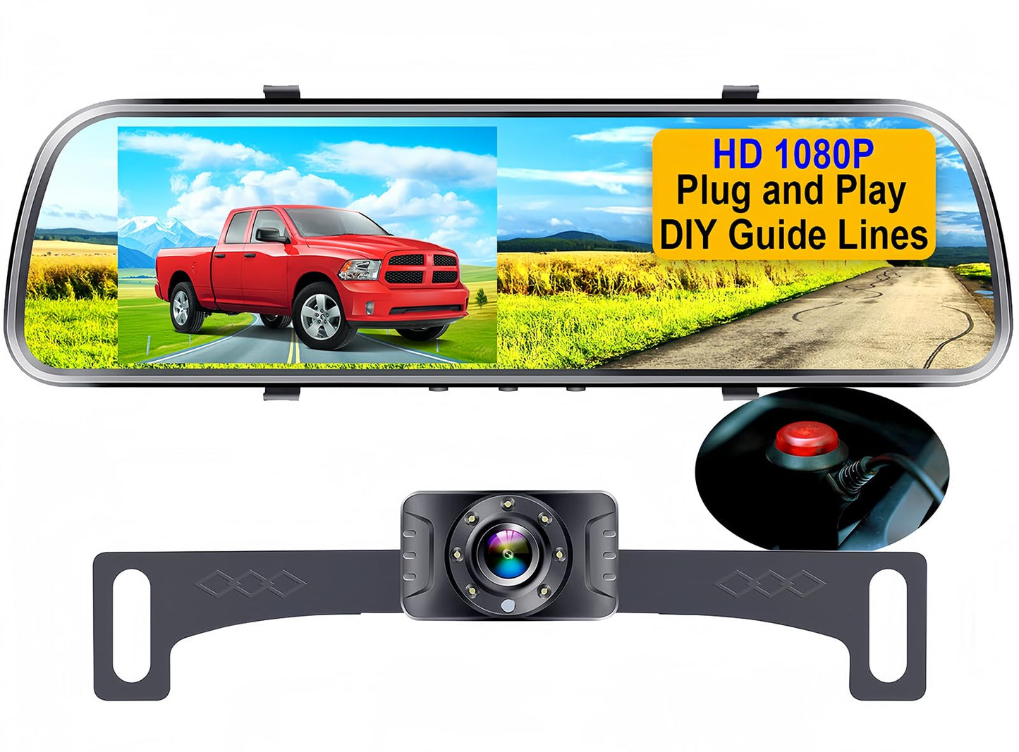 Espejo de cámara de respaldo HD 1080P – Plug and Play, fácil