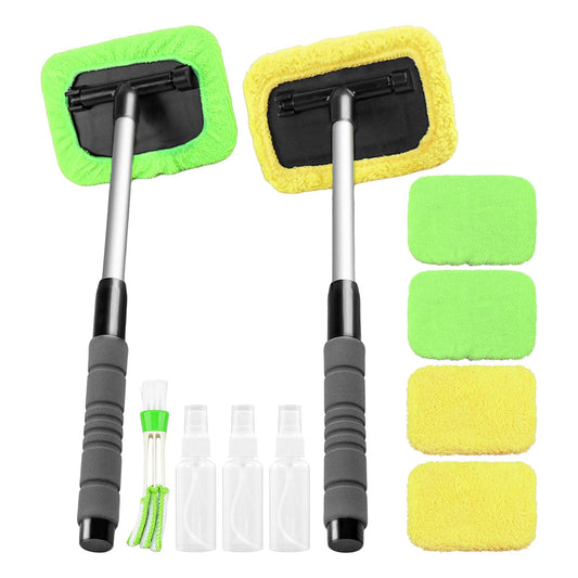 Square Windshield Cleaner Kit - 2 Extendable Poles with 6 Re