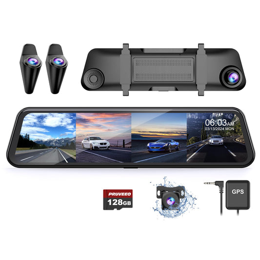PRUVEEO Cámara de espejo retrovisor de 12 pulgadas, visión 3