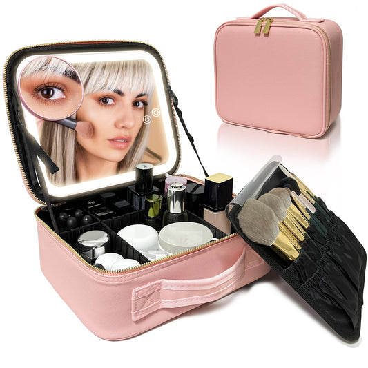 YUSONG Bolsa de maquillaje de viaje con espejo iluminado LED