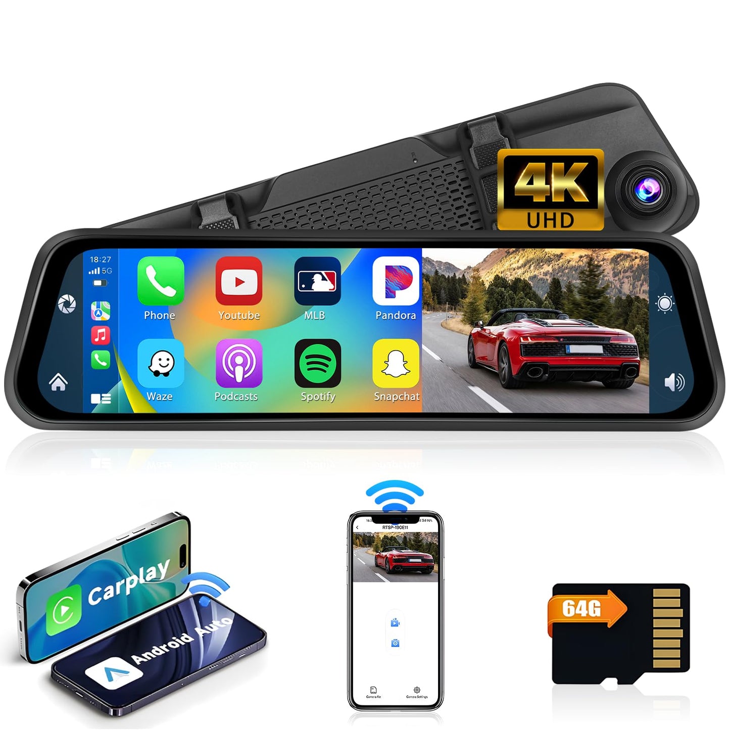 Hikity Cámara inalámbrica Carplay 4K Mirror Dash Cam, cámara