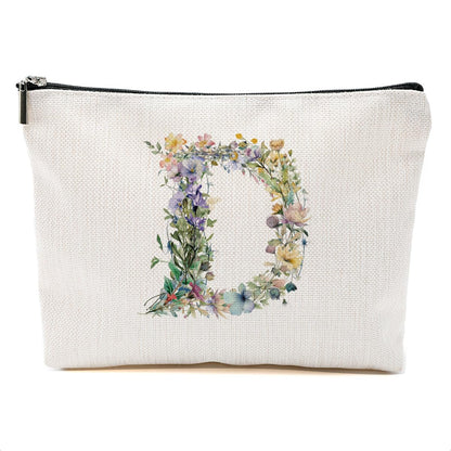 Bolsa de maquillaje con inicial de flores, bolsa de cosmétic