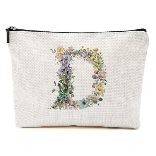 Bolsa de maquillaje con inicial de flores, bolsa de cosmétic