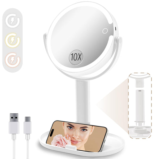 Espejo de maquillaje de tocador con luces, 10X/1X de doble c