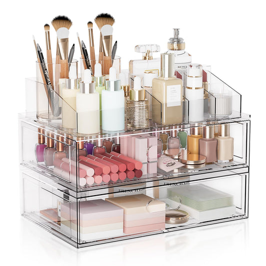 Organizador de maquillaje apilable transparente de 3 niveles