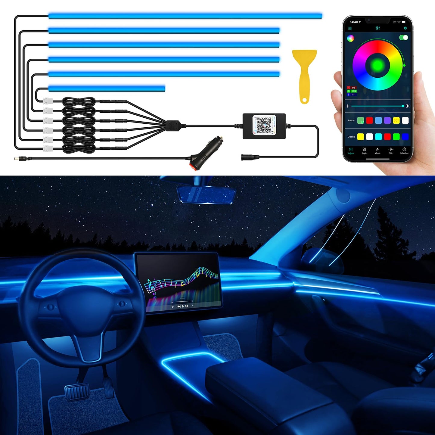 Tira de luz LED de acrílico para interior de automóvil con a