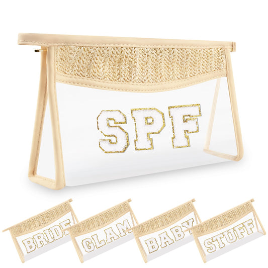 Pequeñas bolsas de maquillaje transparentes de paja bohemia