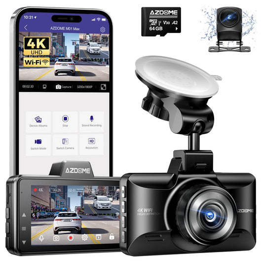 AZDOME M01 Max WiFi Dash Cam frontal y trasera, tarjeta grat