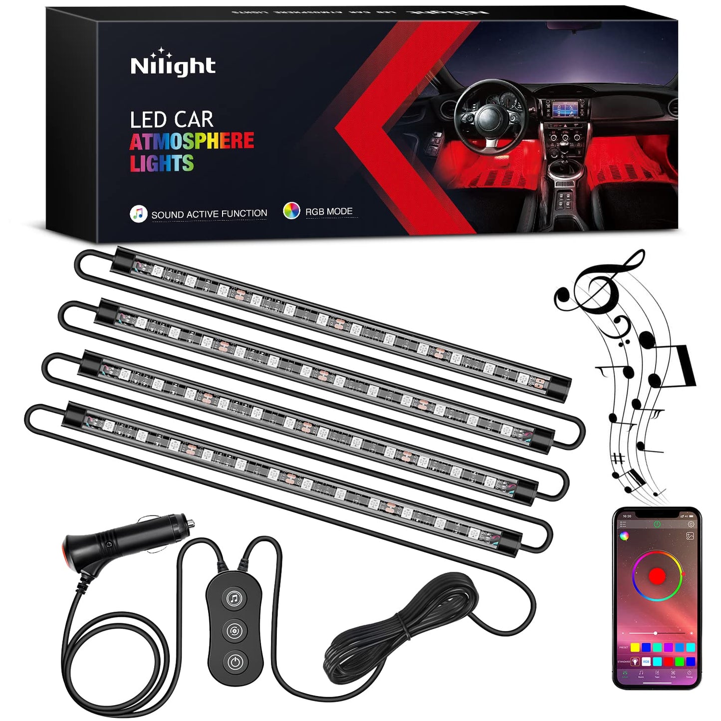 Nilight Luz LED RGB para interior de automóvil con control d