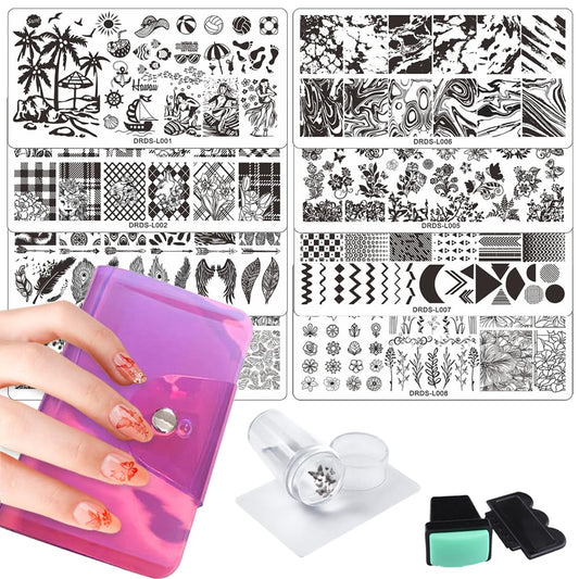 VNC Juego de 13 placas de sello de uñas, 8 placas, 2 sellos,
