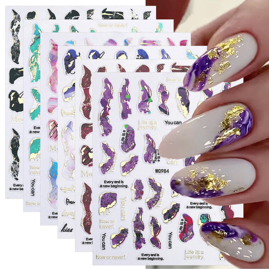 6 hojas de calcomanías de uñas de mármol dorado bronceado 3D
