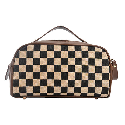 Vintage Makeup Bag for Women Portable Retro Checkered Patter