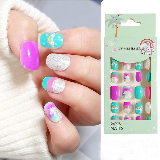 Uñas postizas a presión para niños, juego de uñas postizas c