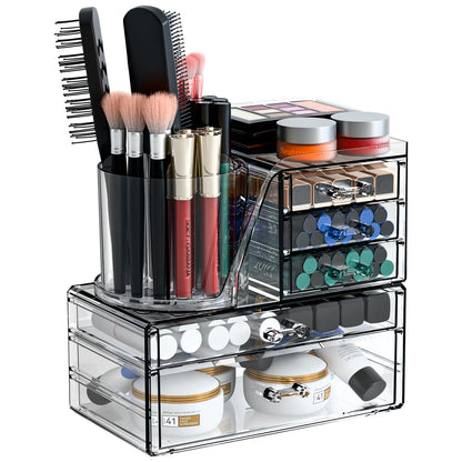 Organizador de maquillaje transparente con soporte giratorio