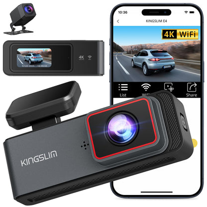 Kingslim Cámara de tablero E4 4K delantera y trasera, WiFi f