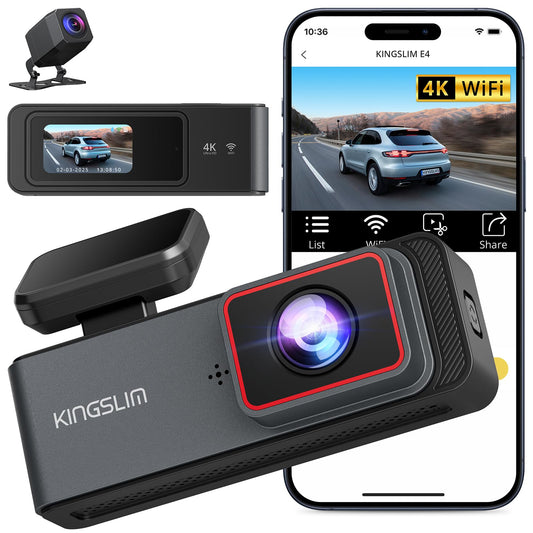 Kingslim Cámara de tablero E4 4K delantera y trasera, WiFi f