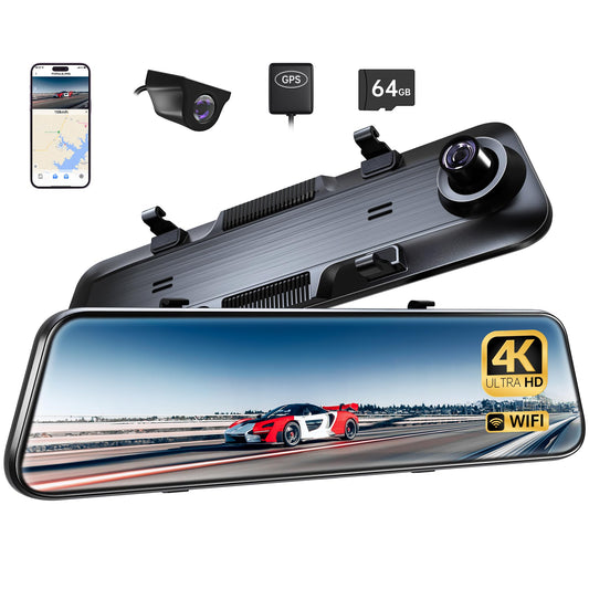 Pelsee Cámara de espejo retrovisor WiFi P12 Plus 4K, espejo