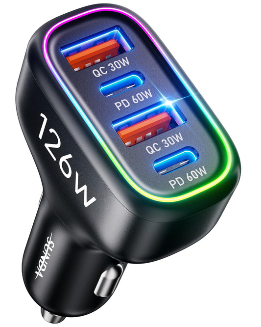 Cargador de coche USB C, 126 W [PD60W dual y QC30W] cargador