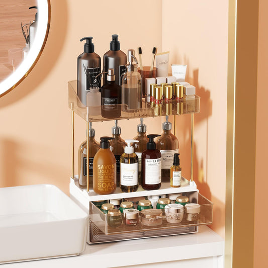 Organizador de baño de 2 niveles y 2 cajones, organizador de