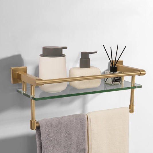 Estante de vidrio para baño con acabado dorado cepillado con