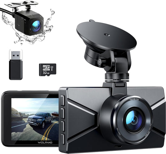 WOLFANG Dash Cam delantera y trasera 2.5K, cámara de salpica