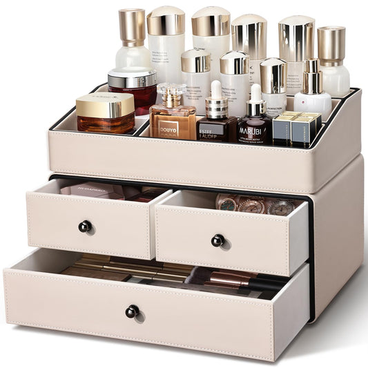 KINGFOM Organizador de maquillaje de cuero con 3 cajones, or