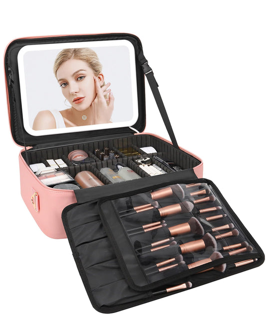 Relavel Bolsa de maquillaje grande con espejo LED estuche de
